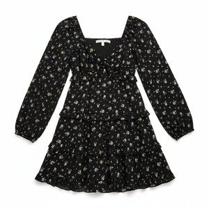 Altar'd State Floral Mini Dress XS Black Long Sleeve Ruffles Smocked